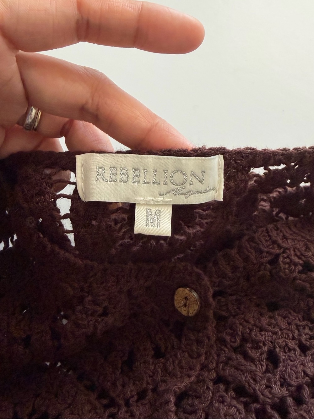 Brown Crochet Knit Cardigan Top Size Medium Long Sleeve Button Up Boho. - Picture 8 of 11